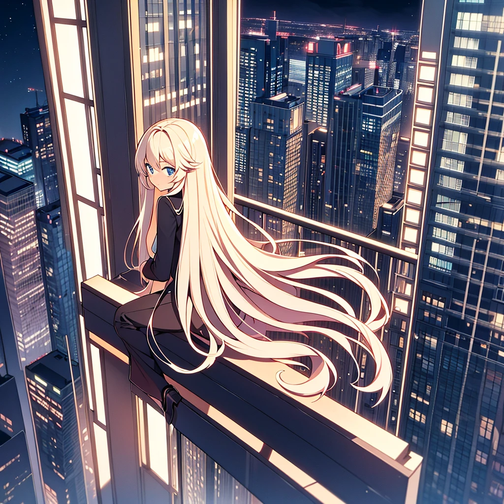 long hair,Sitting on the edge of a 20-story building,at night,