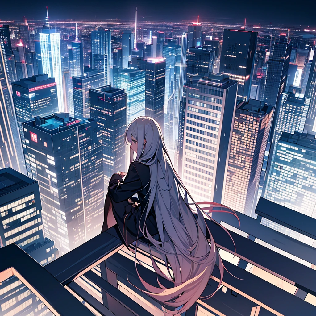 long hair,Sitting on the edge of a 20-story building,at night,