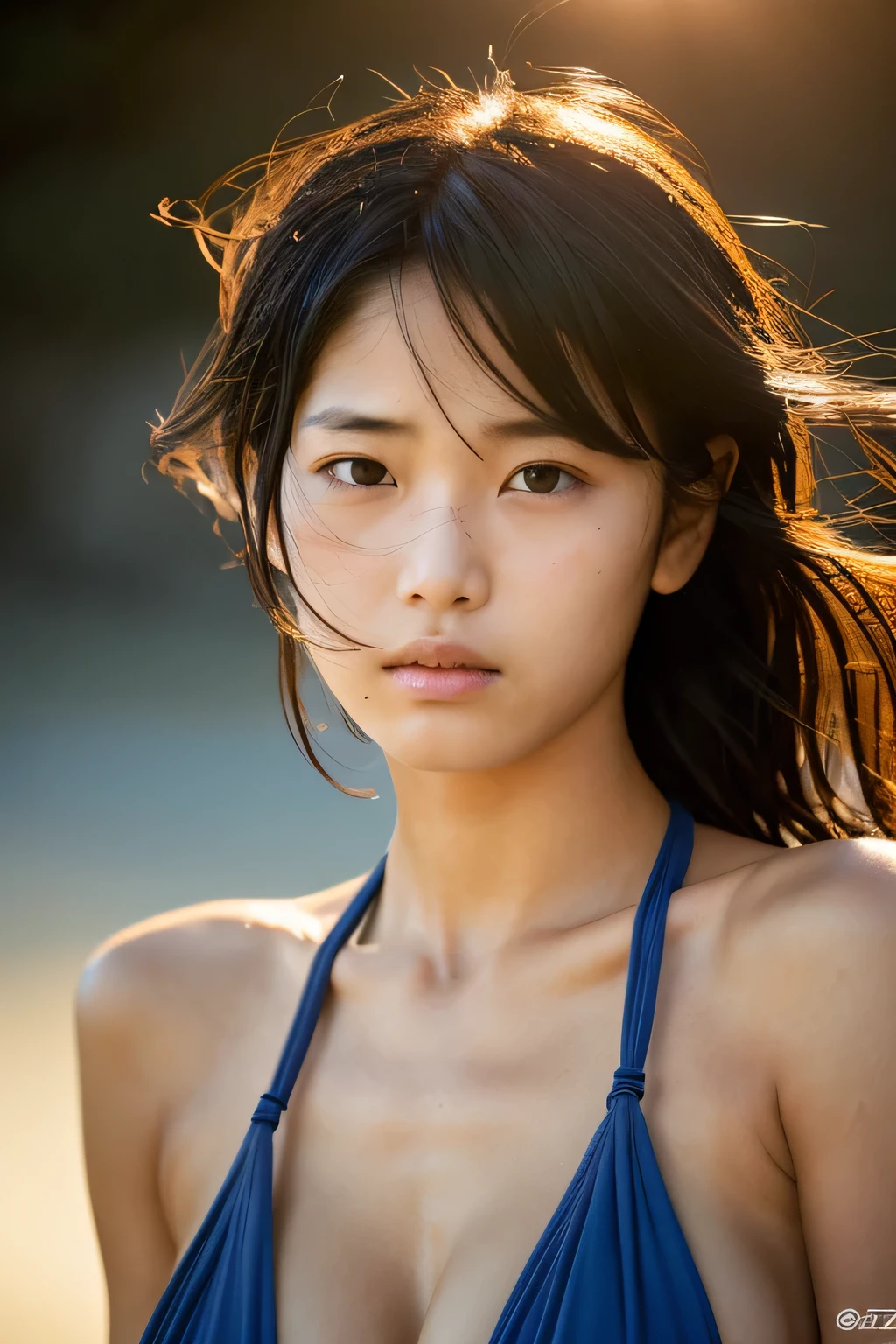 Hair blowing in the wind、Wet Skin、Wet Hair、Wet clothes、Pacific island at sunset,A cute girl with a face like a Japanese idol,((Cinema Lighting),(Natural light),(High level of artistry),(artistic),(Indistinguishable quality from the real thing),{{RAW Photos}},{{Genuine}},High resolution,masterpiece, beautiful, Handsome Tomboy, Looks like a salon model, Cool face, Neutral facial features, Cowboy Shot, nsfw:1.4、Puzzled、Shyness、sleepy、((Spoiled))、A monokini that emphasizes bondage fashion' High-quality skin、Detailed skin、Detailed eyes、High quality eyes、High definition skin、High definition eyes、