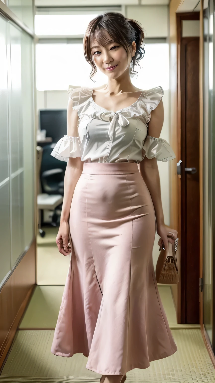(A Japanese woman looking towards you in a Japanese office:1.4、Narrow your eyes and smile broadly:1.4)、(Realistic、Like a photograph、Live Action、8k, Realistic, RAW Photos, Best image quality: 1.4), Single-lens reflex camera、RAW Photos, Highest quality, Realistic, Very detailed CG Unity 8k wallpaper, Written boundary depth, Cinematic Light, Lens flare, Ray Tracing, Realistic background、(Blouses with ruffles、(Tight long skirt:1.3、mermaidskirt:1.2)、Small breasts)、((ultra high density skin))、 Cute Japanese Woman、((whole body:1.5),short hair:1.2、Short Ponytail、tie your hair with a hair clip、I like that style、stylish、Very detailed、Pay attention to the details、Perfect outfit、(Sunburned skin)、View from the front