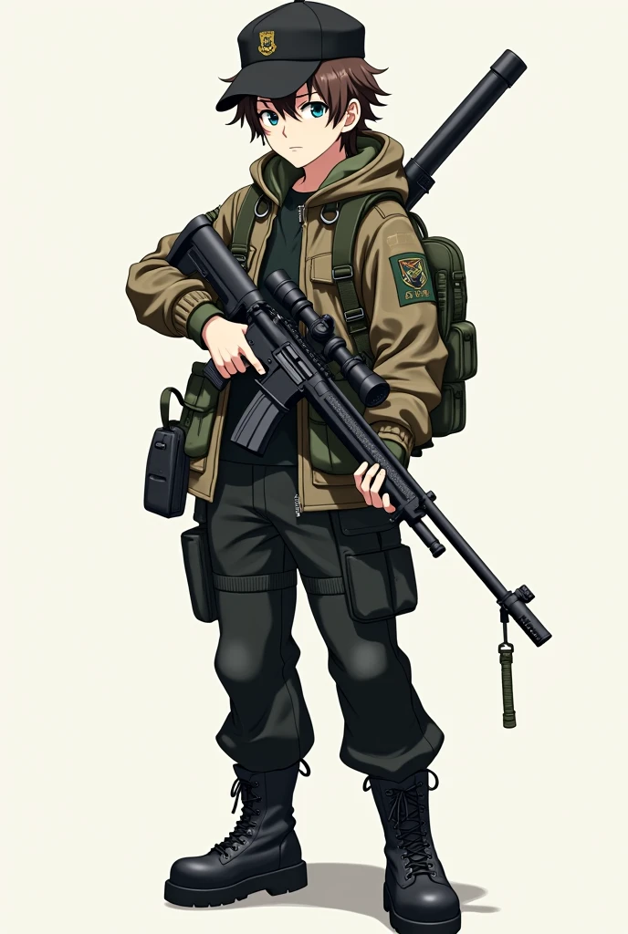An anime style boy with white skin, blue eyes, brown hair, camouflage jacket, black tactical pants, military boots, and a black cap holding a hunting rifle