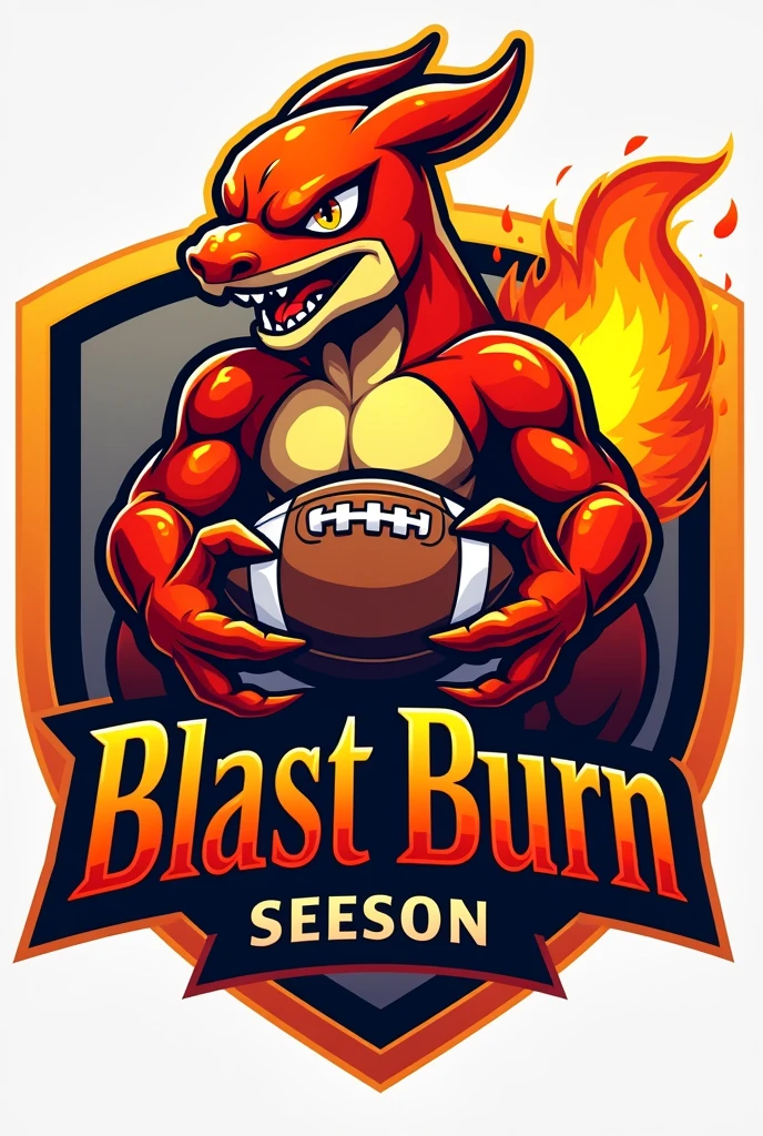A crest of an American football team based on the Pokémon Charmander with an American football and the team name "Blast Burn"