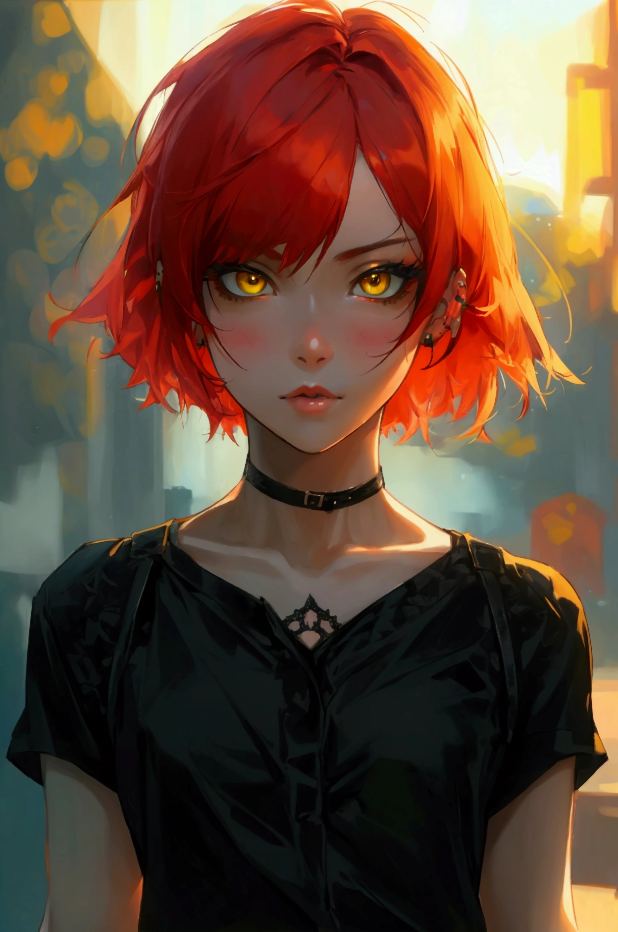a beautiful young woman with short red hair, piercing yellow eyes, wearing a black shirt and black pants, detailed facial features, high quality