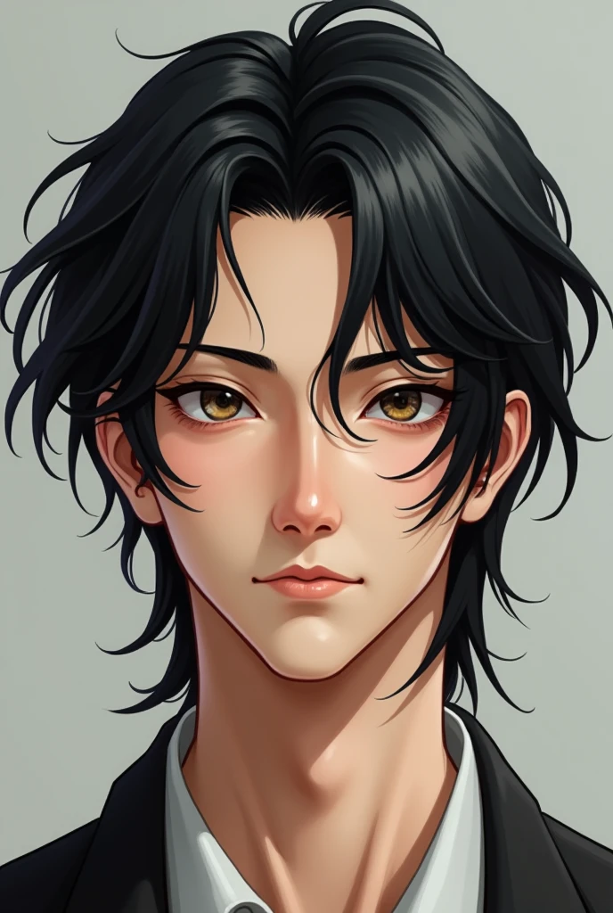 Create an realistic Asian male man boy with fair skin, that looks like Geto Suguru, 180cm tall, slightly muscular but thin body, long, black, wavy, neck-length hair, small and slanted eyes, slightly large nose with a high bridge and thick eyebrows.