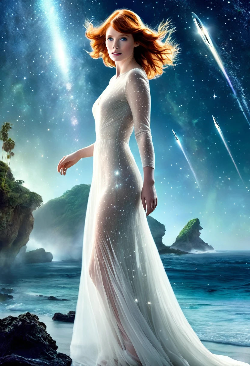 Bryce Dallas Howard (age 25, airy sheer white elegant gown), camera low looking up at her butt and a starry sky, a few tiny space ships fly across the sky, lush ocean world
