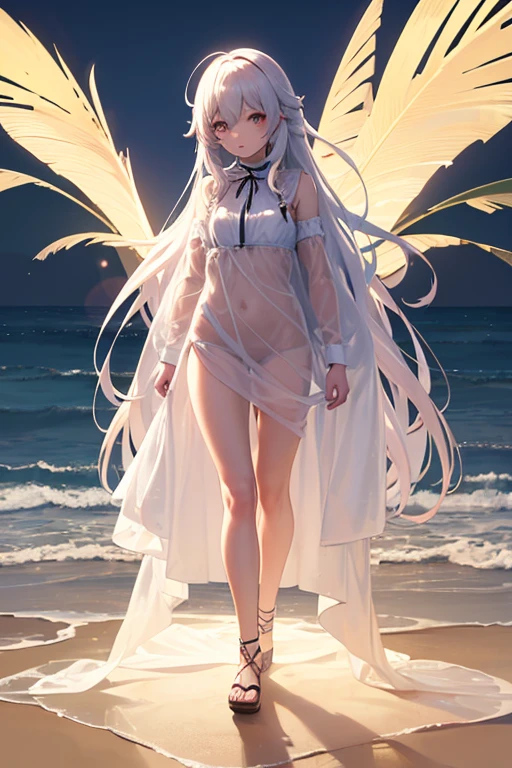 1 girl, Youngh, Long curly white hair,ssmile,standing alone, Look to viewer,light background, at beach, (see-through silhouette),ulzzang-6500-v1.1:0.7