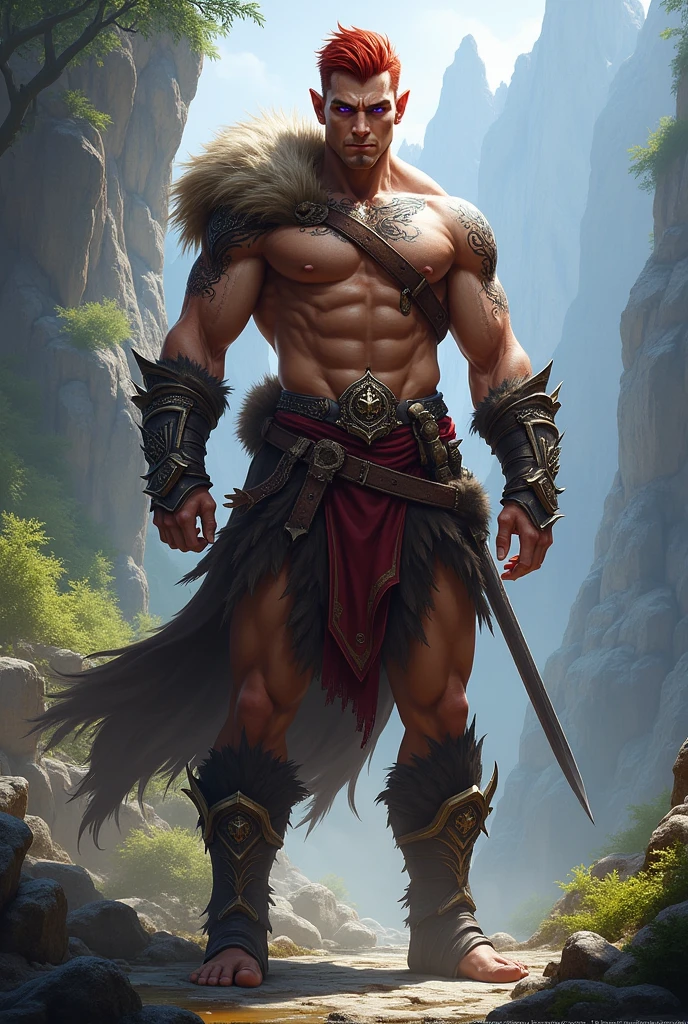 Noble male elf barbarian with purple eyes and short red hair