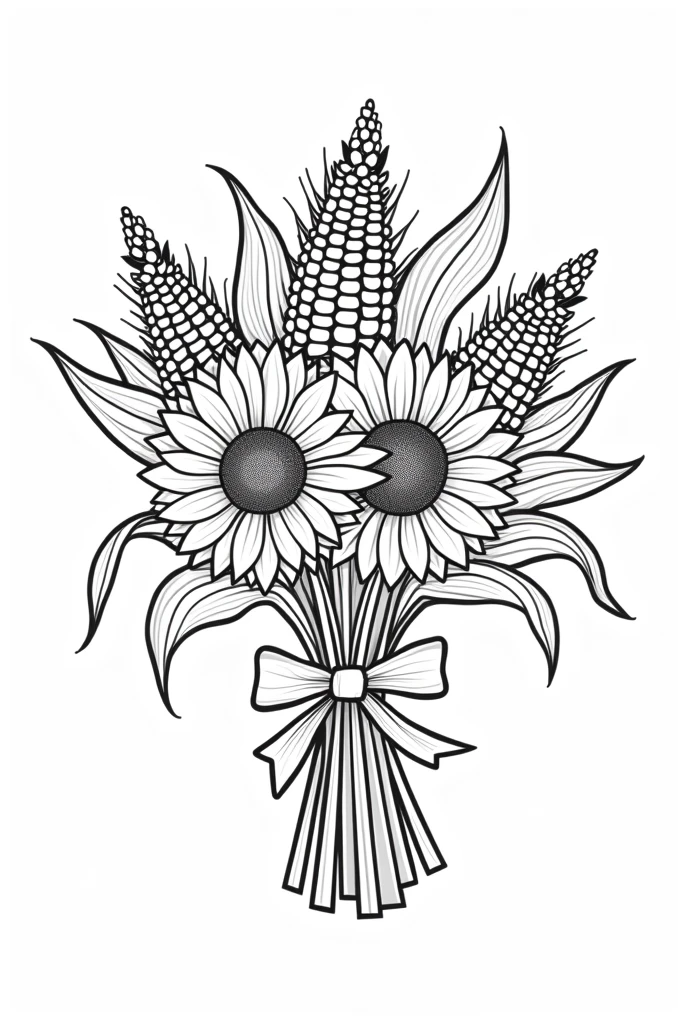 non-coloured, coloring pages for adults, an image of a fall bouquet featuring sunflowers, dahlias, and corn husks, tied with a ribbon and set against a wooden background, cartoon style, thick lines, low detail, black and white, no shading,