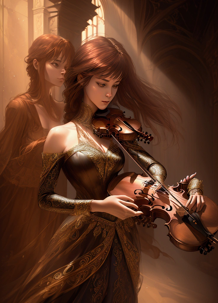 A beautiful woman playing a violin in a beautiful place, long flowing hair, piercing eyes, dramatic lighting, ornate dress, gorgeous background, digitl art, cinematographic, hyperdetailed, 8k, photorrealistic