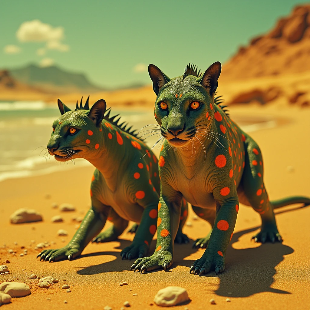 Curiosité. Jeu. Scène de vie . Un Couple De Chimères Panthères-Reptiles Vert-Nuit Taches Orange Vibrant Prédateurs Massif Avec Ces Petits Sur Une Plage Sable Granuleux Verd Emeraude D'une Planète Balnéaire Aux Mers Acides Bleu Vert-Jaune . Majestueux. Grain Radio-Activité. Lumieres Jaune Ultra Fluo. Champs Paysage Continentale Plat. SurRéaliste. Grain CinématoGraphie.