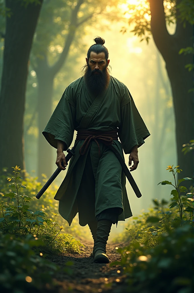 make a japanese swordsman with a beard in a black forest walking into the light