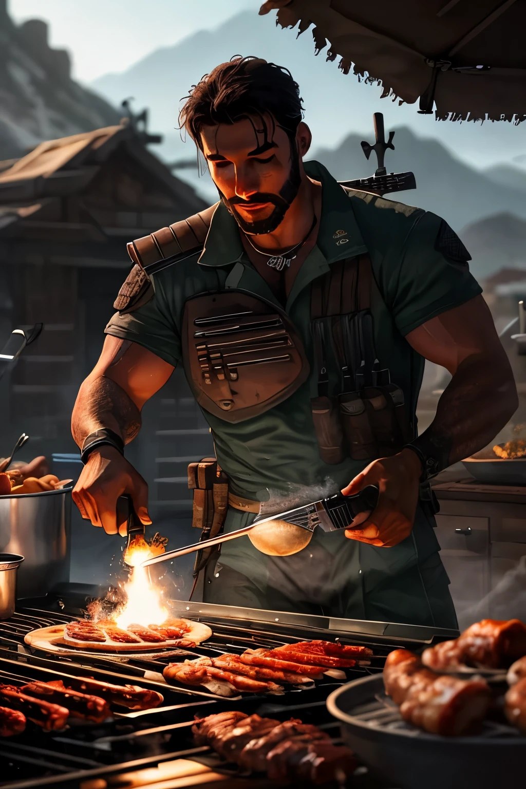 Harbor /(Valorant/), realistic, man, 1boy, cooking, barbecue, video game background Valorant, weapons, game