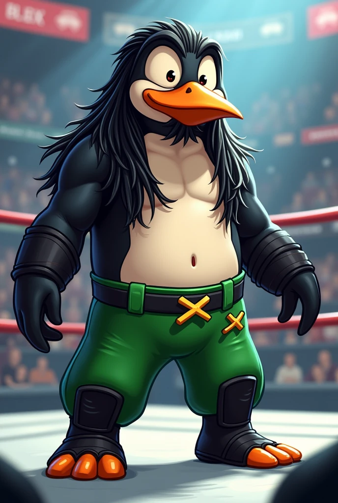 cartoon penguin dressed like WWE wrestler X-Pac. Long black dreadlock hair, no shirt. Green singlet. Short black beard, black mustache. Long green pants,  black kneepads. Black wrestling boots