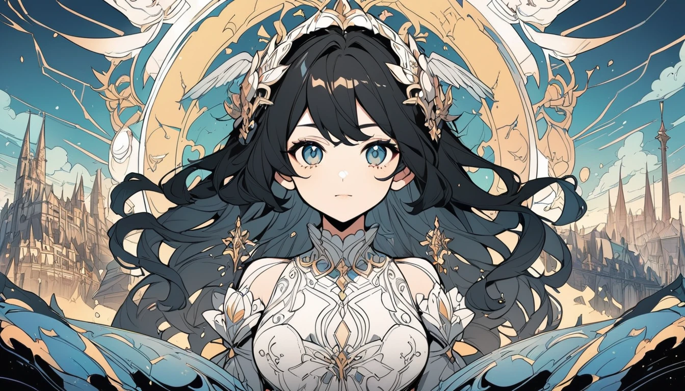 Line art,Europe,Fantasy,creation,Anime aesthetics,Healing,dress,Upper Body,One person,Black Hair