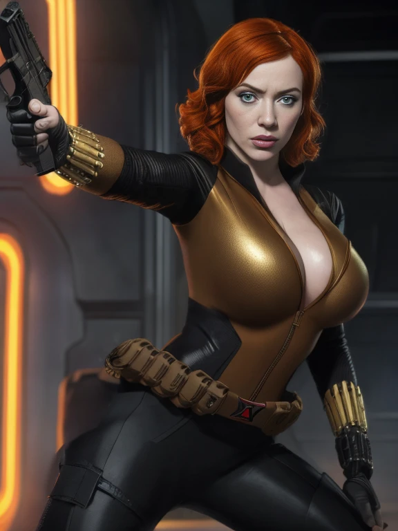 Christina Hendricks as the character Natasha Romanoff/Black Widow from the Marvel Cinematic Universe, 48 years old, short wavy hairstyle, orange hair color, big breasts. In tight black leather suit, metallic armlets, gun holsters and metallic utility belt. Dynamic pose, action pose, in a fighting position. Mysterious spy, member of the Avengers, 4k rendering, Marvel comics digital art, Marvel Cinematic Universe concept art, 4K Wallpaper, MCU character, epic Avengers character art, HQ 4K Wallpaper
