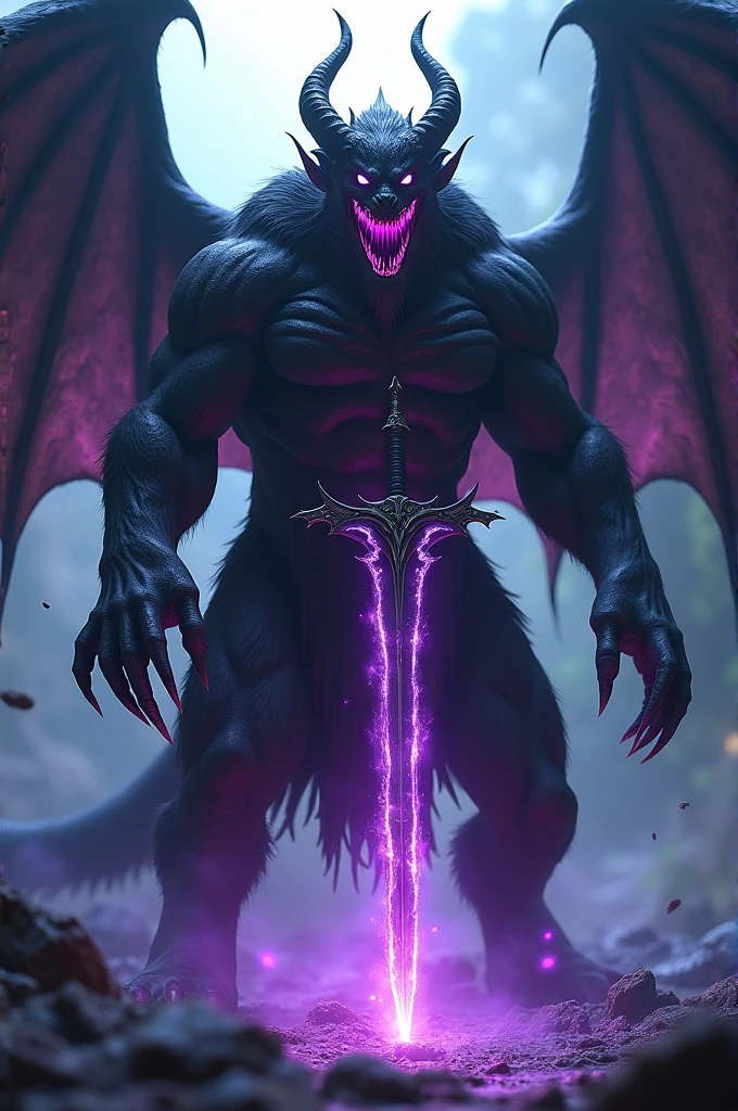 Generates a powerful 3D black beast with purple and dark powers with wings and long, sharp teeth with a double sword made of the abyss