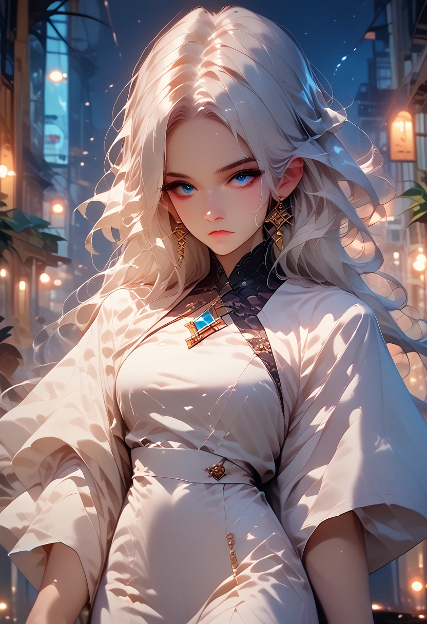 A woman with long white hair and blue eyes wearing a white suit turns her back in the middle of the city at night.