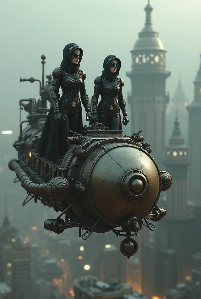  female steampunk robots THAT ARE NOT SEXUALIZED with emphasis on steampunk style clothing (Features of the 1880s, with many layers, corsets, hoodies, Hats, booties, gears, glasses) flying on a steampunk flying metallic pirate ship, sobre uma cidade movida a vapor e gears. with a dark look. emphasis on the steampunk city in the background
