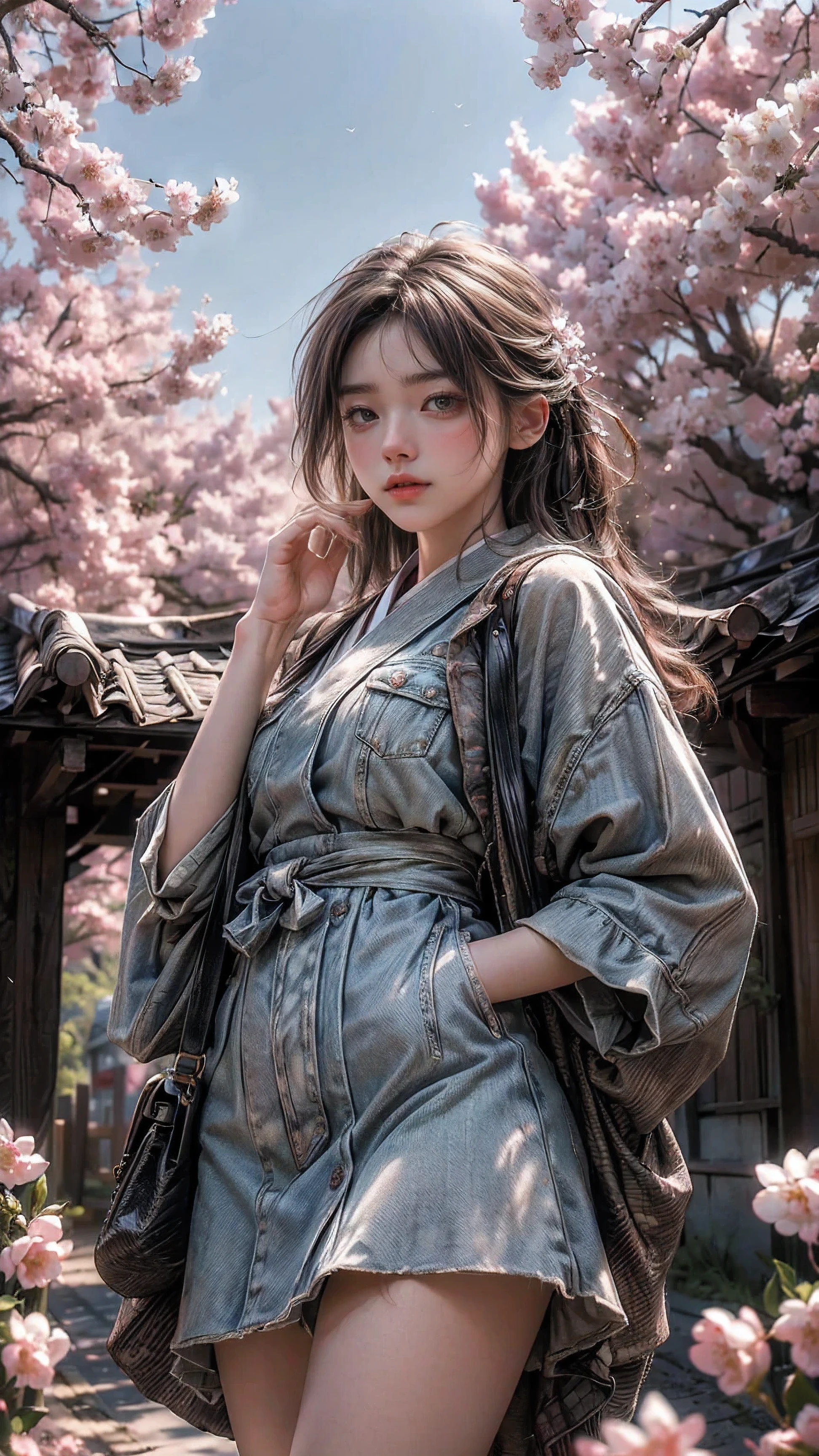 ((masterpiece, highest quality, Highest image quality, High resolution, photorealistic, Raw photo, 8K)), Spring Morning, In a rural Japanese town, students head for the train station along a road lined with cherry blossom trees, (View from below:1.3),