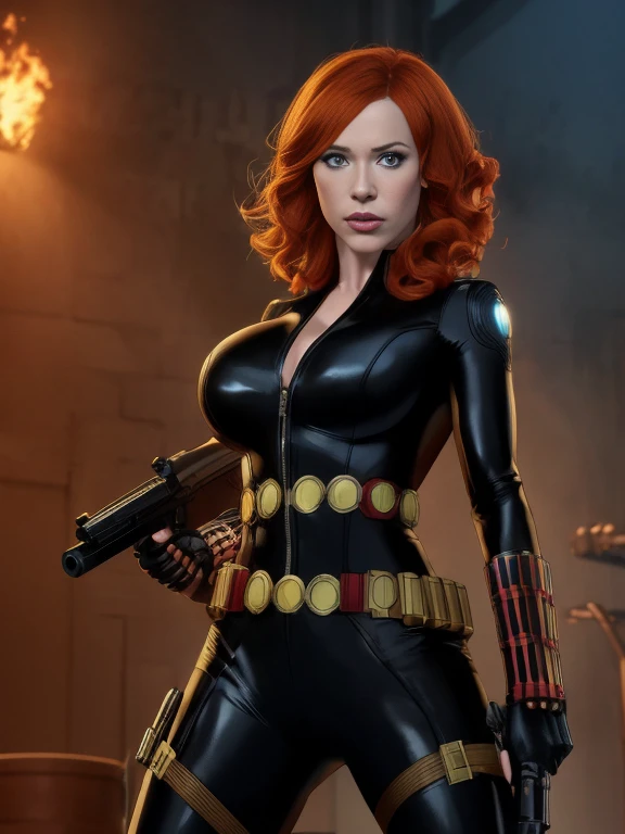 Christina Hendricks as the character Natasha Romanoff/Black Widow from the Marvel Cinematic Universe, 48 years old, short wavy hairstyle, orange hair color, big breasts. In tight black leather suit, metallic armlets, gun holsters and metallic utility belt. Dynamic pose, action pose, in a fighting position. Mysterious spy, member of the Avengers, 4k rendering, Marvel comics digital art, Marvel Cinematic Universe concept art, 4K Wallpaper, MCU character, epic Avengers character art, HQ 4K Wallpaper