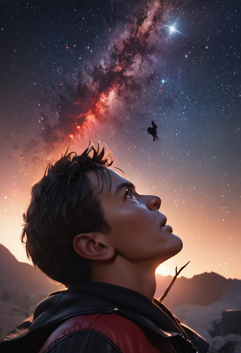 Highest quality,masterpiece,Ultra-high resolution,(Photorealistic:1.4),One man、Gurren Lagann、simon、Under a star-filled sky、silhouette、Looking up at the sky、He has a stick with a drill attached