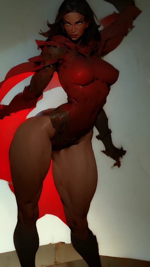 (masterpiece), best quality, expressive eyes, perfect face(masterpiece), best quality, expressive eyes, perfect face, Female warrior, short black hair, scar on left eye, bronze skin, red lips, amber eyes,, wide hips, large breasts, holding a sword, red cape torn shoulder, arm sleeves, belt on legs, steel plate boots, steel plate gauntlets, chocker, breast plate, pussy plate, body scars