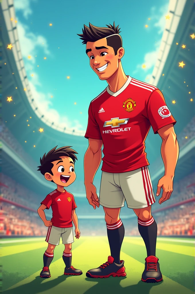 A footballer boy with his idol Ronaldo. Ronaldo’s with shirt logo: Manchester United. Cartoon