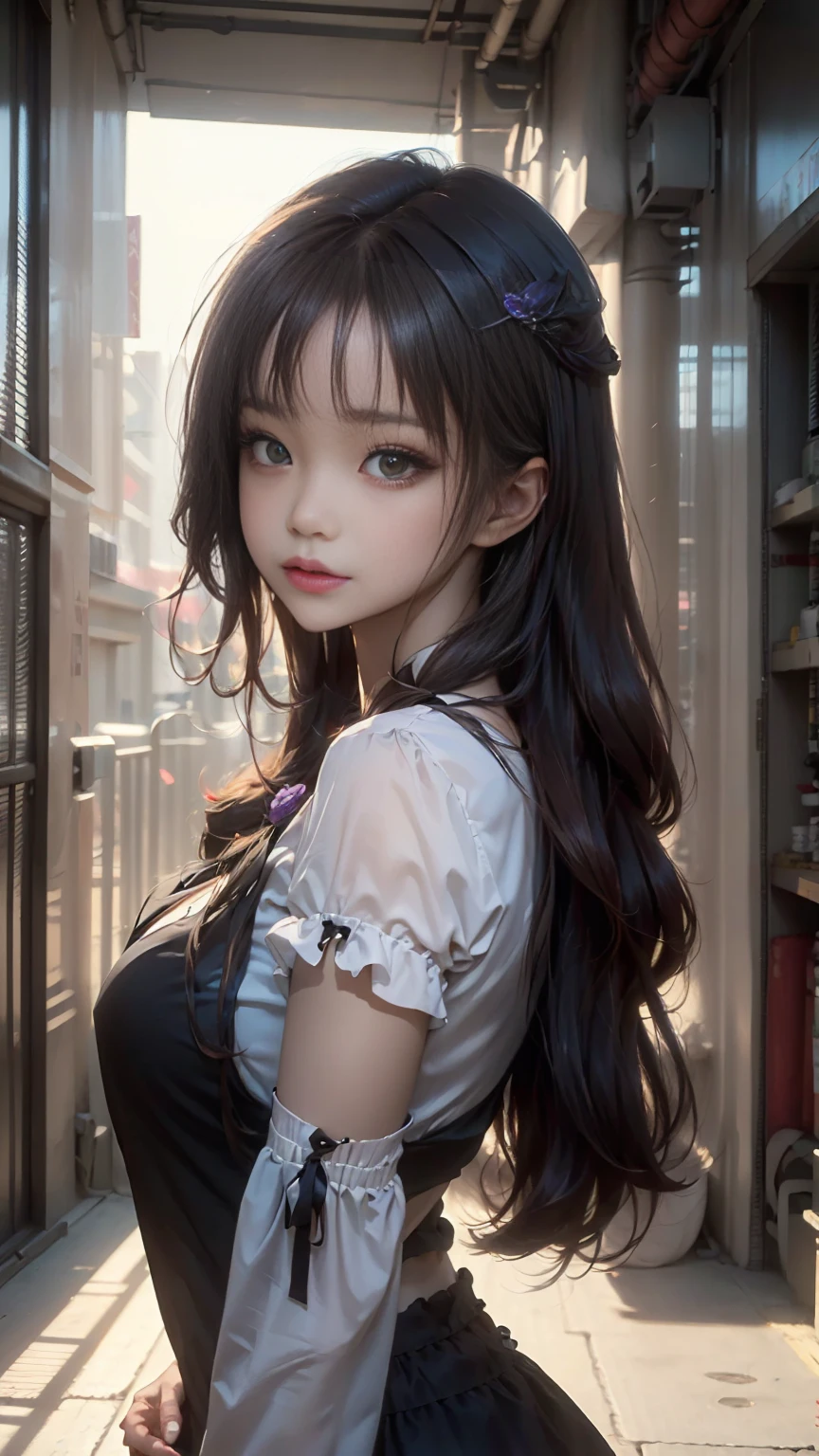 CG K Ultrarealistic ,((premium、8k、32K、masterpiece、NffSW:1.3)), (superfine illustration)、(super high resolution), (((adult body))), (masterpiece, Best Quality:1.2),a beautiful girl，Skin details processing.....，The eyes are finely described.....，Delicate brown hair Long wavy hair，long light hair，She has a big bow on her head....，Modern clothing ,violet rose, yellow and green，clean background