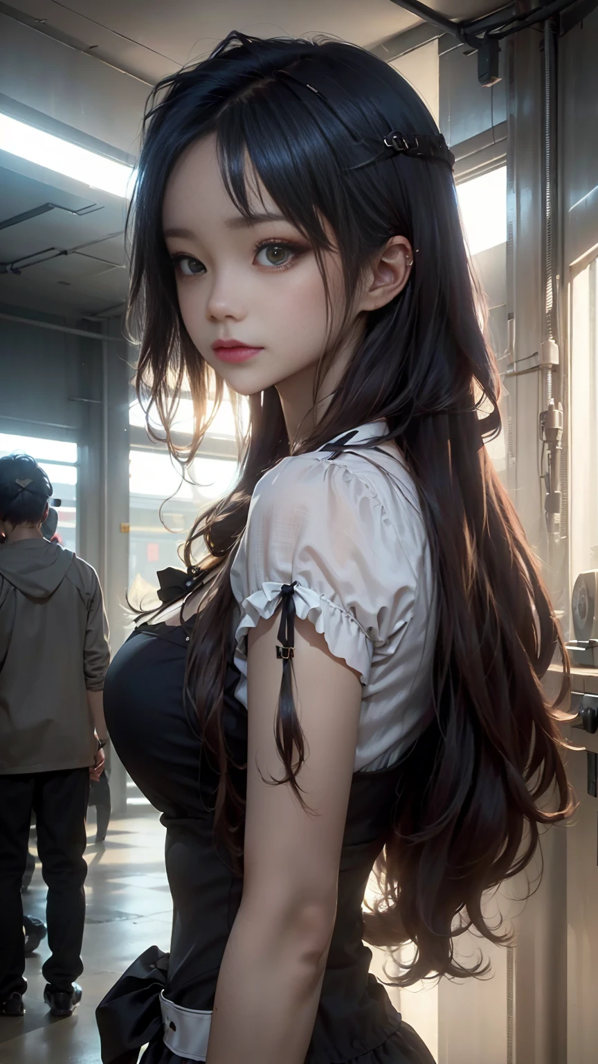 CG K Ultrarealistic ,((premium、8k、32K、masterpiece、NffSW:1.3)), (superfine illustration)、(super high resolution), (((adult body))), (masterpiece, Best Quality:1.2),a beautiful girl,Skin details processing.....,The eyes are finely described.....,Delicate brown hair Long wavy hair,long light hair,She has a big bow on her head....,Modern clothing ,violet rose, yellow and green,clean background