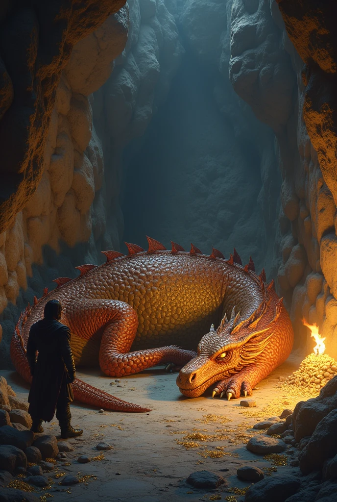 I need a dragon sleeping in his cave next to a hero