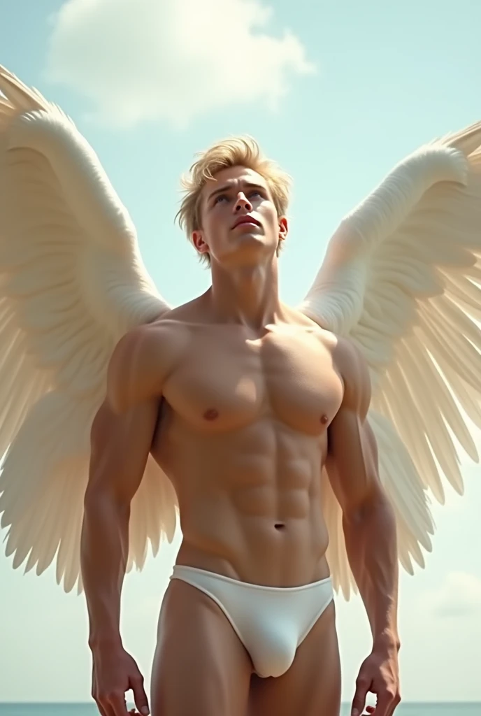 Nude muscular young blonde Caucasian man　An angel with big white wings　Wearing a white bikini