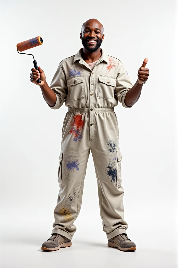  bald black man wearing painting clothes, making thumbs up sign with hands and holding a paint roller on 3d white background