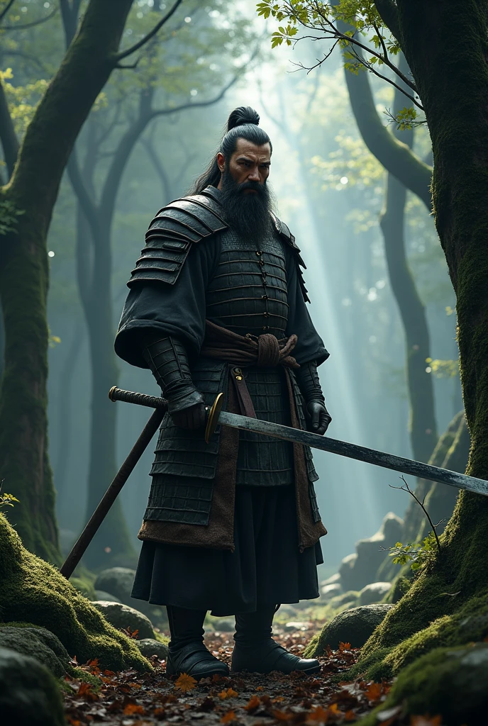 make a japanese swordsman with a beard in a black forest