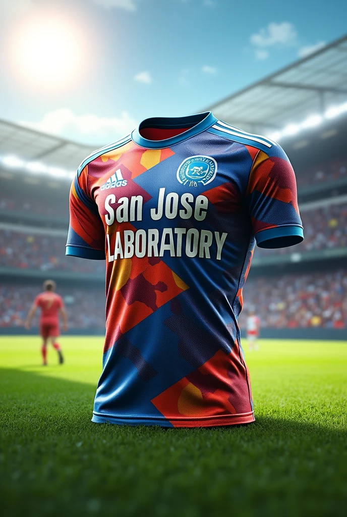 A soccer jersey with a new design that has the word San José Laboratory on it