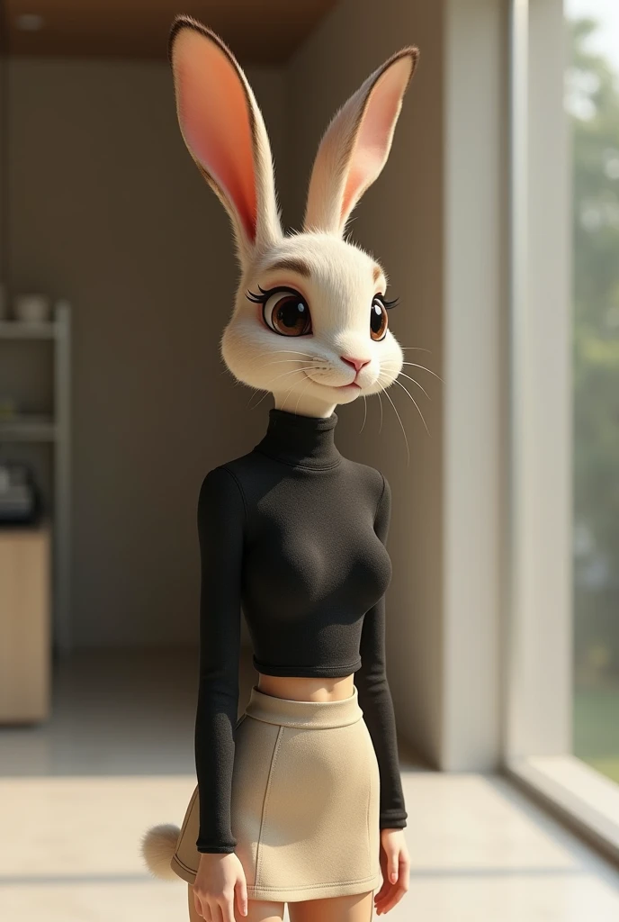 An architect rabbit, feminine, creative, fitness and is dressed in a black sweater and a short beige skirt