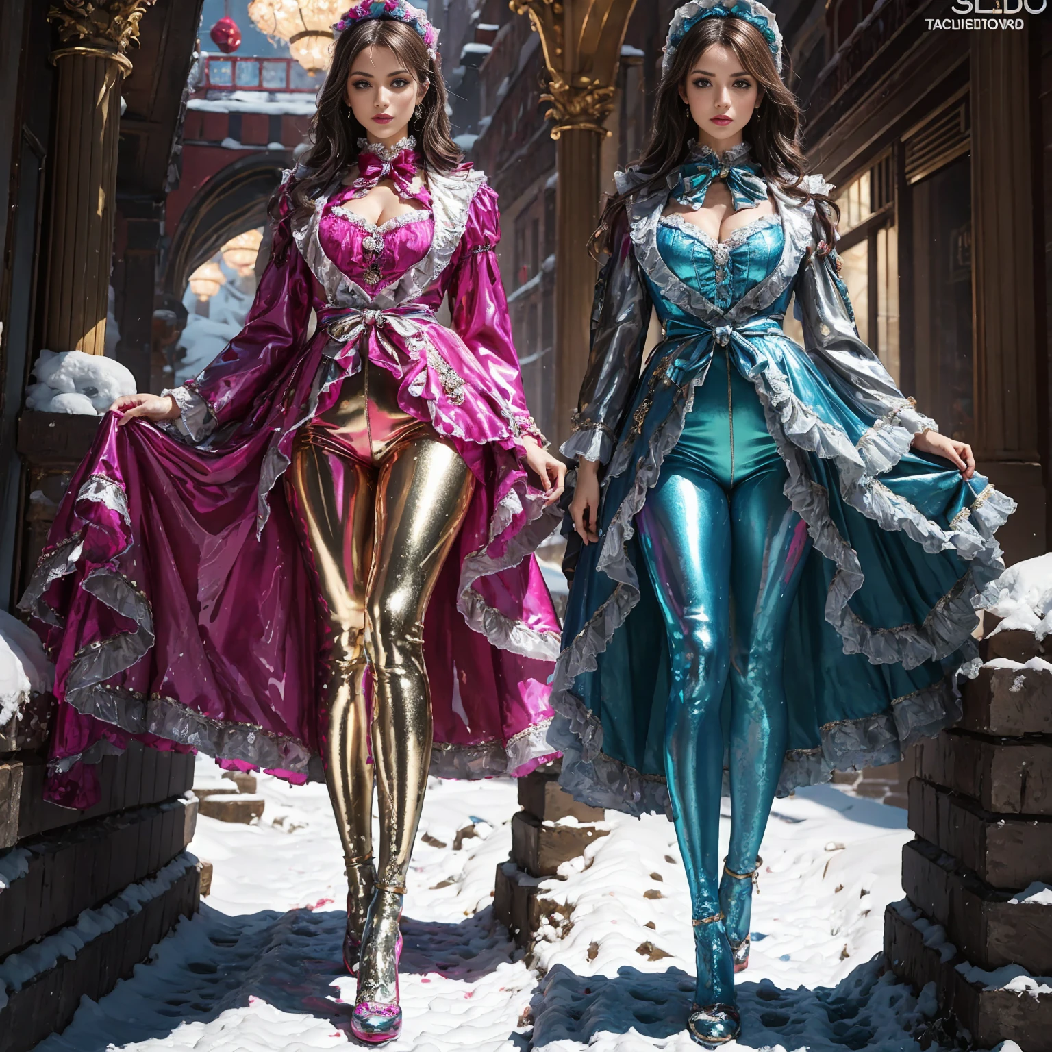 Model figure, long-legged woman, A woman in a luxurious and elaborate ta dress, wearing loliary jane shoes with ornate details, patterned tights, (Glossy Reflecting collection), (Glossy Reflecting collection), (Oily shiny)), (Metallic clothes),(Metallic tights):1.2),standing on a snowy mountain, with reflective skin and reflective clothing, venusbody, full body shot, ray tracing, reflection light, chiaroscuro, UHD, masterpiece, anatomically correct, textured skin, super detail, high quality, 4K, highres
