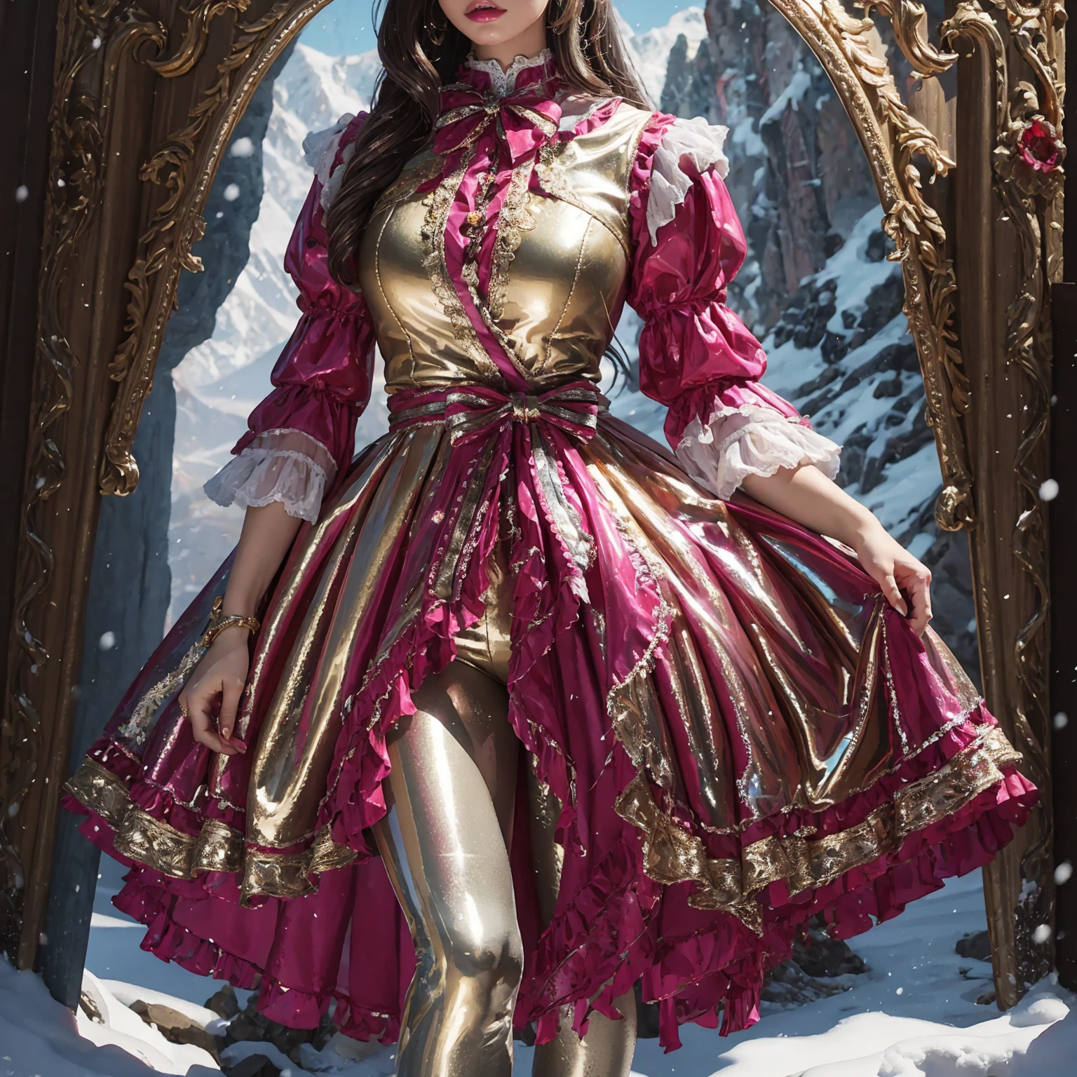 Model figure, long-legged woman, A woman in a luxurious and elaborate lolita dress, wearing lolita mary jane shoes with ornate details, patterned tights, (Glossy Reflecting collection), (Glossy Reflecting collection), (Oily shiny)), (Metallic clothes),(Metallic tights):1.2)，standing on a snowy mountain, with reflective skin and reflective clothing, venusbody, full body shot, ray tracing, reflection light, chiaroscuro, UHD, masterpiece, anatomically correct, textured skin, super detail, high quality, 4K, highres