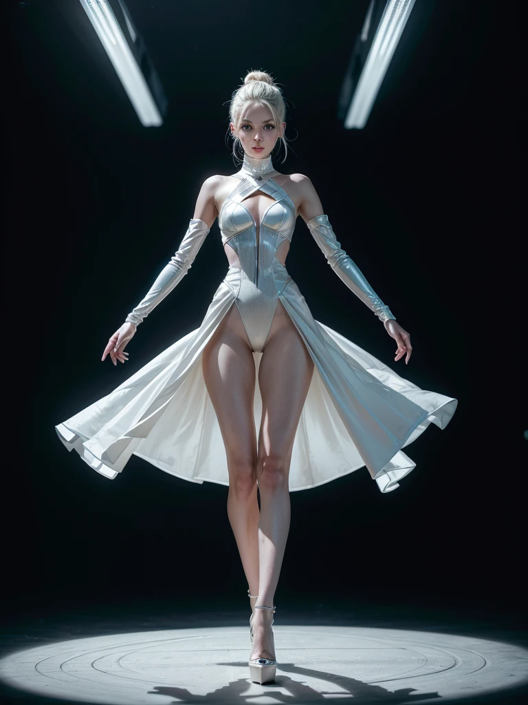 Realistic photo of a futuristic fashion model walking on a runway, surrounded by dry ice vapors. The model has golden, delicate robotic details integrated like jewelry. She exudes elegance with a modern, innovative, and aesthetic posture. Seen in profile, she walks gracefully, her arms and legs in motion. The model is tall, slender, about 28 years old, Caucasian, with platinum hair styled in a low bun. She's dressed in flexible, futuristic clothing that flows with her movements and wears matching high heels. The image should meet academic standards in visual arts, with high contrast between the deep black background and the detailed textures, evoking a sense of evolutionary completeness. View at the viewer