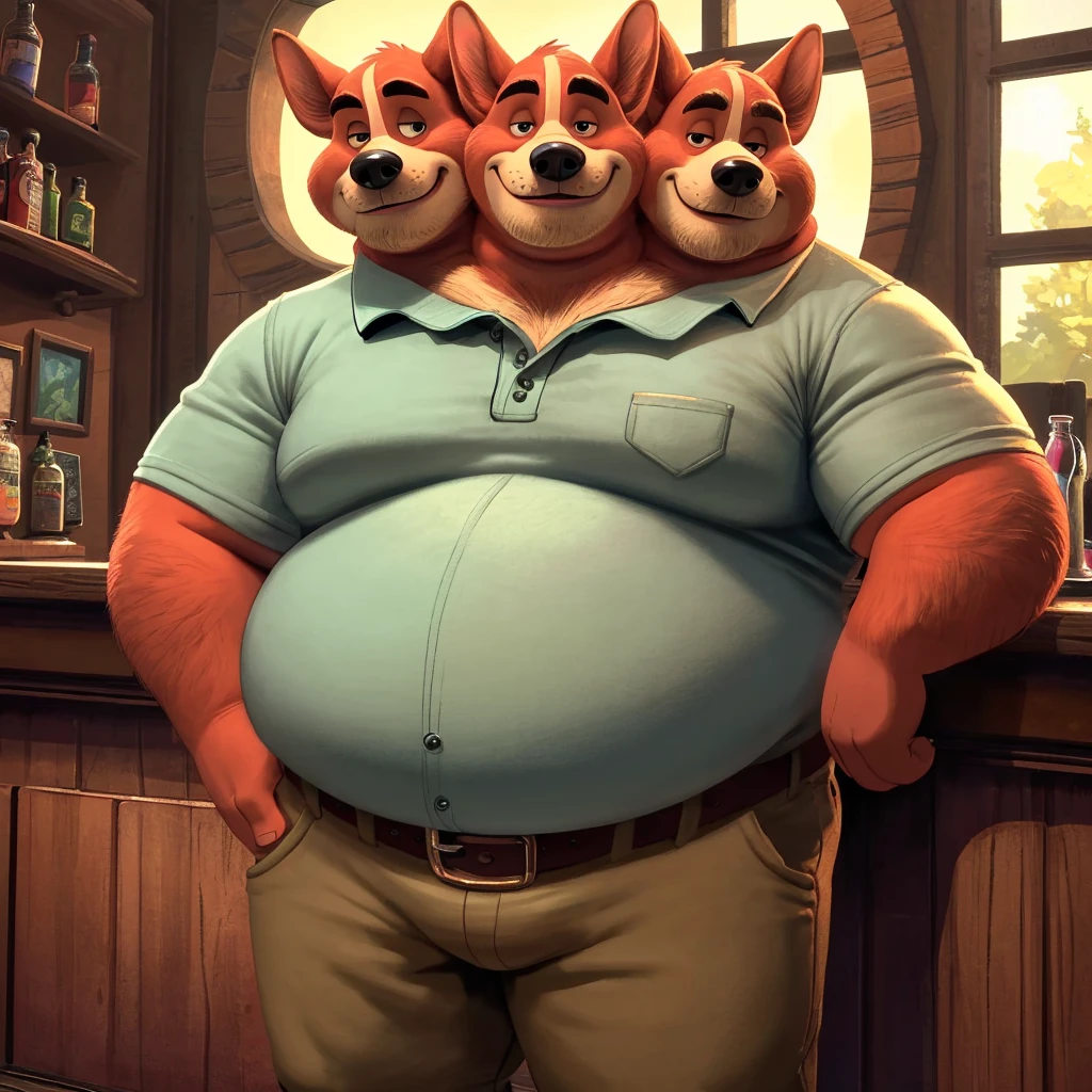 solo, welsh corgi, twins, three identical heads attached to the same body, welsh corgi ears, red fur, bald, masculine, three necks, (manly eyes), adult, male, 50 years old, (stylized 3d, by disney, by rembrandt), by pixar:1.1, by dramamine, (overweight, fat, obese), dadbod, bald, beards, stubble, dirty bar background, (khakis, polo, belt), correct hands, correct anatomy, (ultradetailed, best quality, detailed masterpiece, highly detailed masterpiece, 4k, professional cartoon:1.7), (natural pose, holding drinks:1.3)