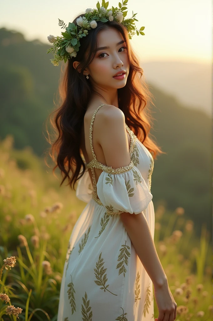 highest quality, masterpiece, realistic, High resolution, 8K RAW photo, Thailand girl, NSFW、medium long hair、headband decorated with plants、((glamor body:1.3))、(White casual dress with leaf print、Golden edging)、(((sexy pose)))、(A hill where you can see the morning sun)、(Wind:1.2)