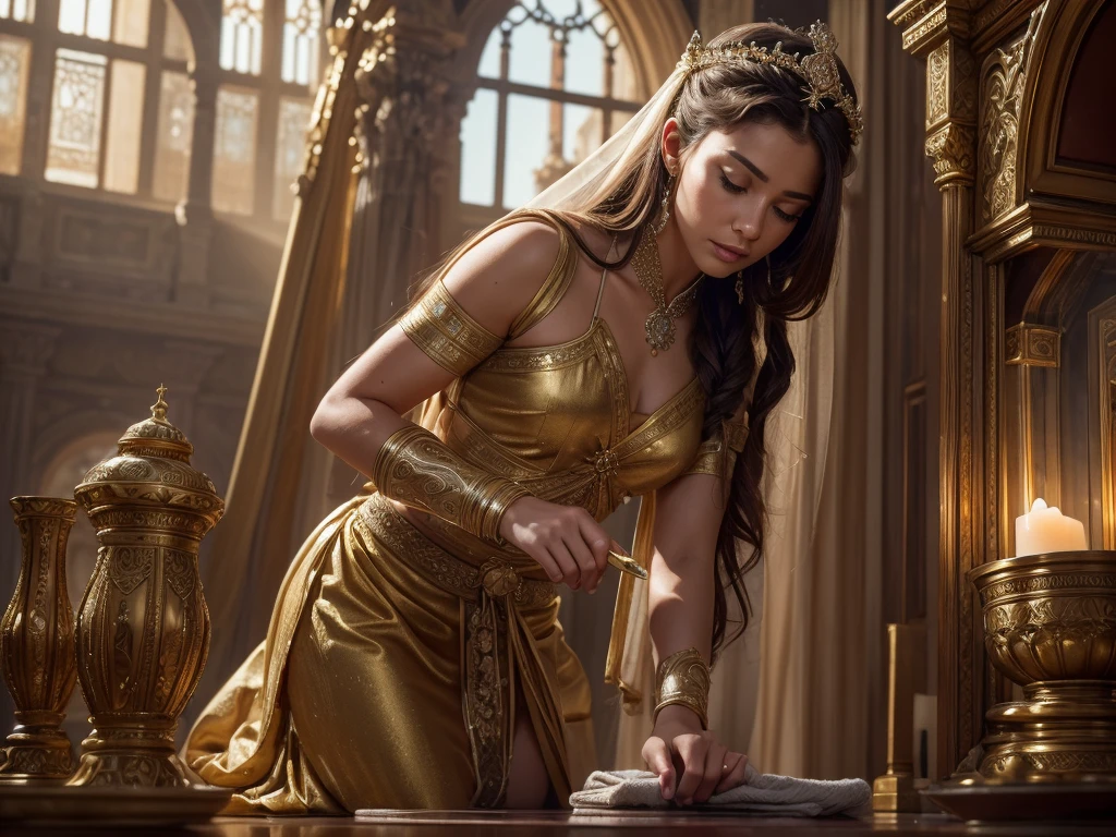 In the heart of an ancient villa, a luminous aura envelops a woman as she delicately cleaning a house. The divine light accentuates the intricate details of the coin, Her expression is one of reverence and contemplation, adding a sense of mystery to the scene. This high-resolution painting captures the moment with exquisite realism, showcasing the woman's flowing robes and ethereal beauty. The composition is rich in biblical symbolism, inviting viewers to ponder the significance of the event. Ensure that the image depicts the thematic concept of lost coin story and is visually appealing and eye-catching. hyper detailed, dynamic color , wearing withe tunic, super emotional image, Great quality and realistic image, the epic scene, hiper realistic, blockbuster, high detailed, , 4K photography, 50mm f/1.8 lens, high details, high face details, high hands details, perfect hands, soft illumination, high quality, natural light, stunning blockbuster background, dynamic angle