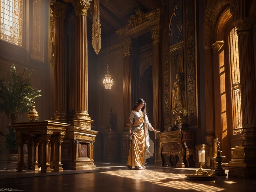 In the heart of an ancient villa, a luminous aura envelops a woman as she delicately cleaning a house. The divine light accentuates the intricate details of the coin, Her expression is one of reverence and contemplation, adding a sense of mystery to the scene. This high-resolution painting captures the moment with exquisite realism, showcasing the woman's flowing robes and ethereal beauty. The composition is rich in biblical symbolism, inviting viewers to ponder the significance of the event. Ensure that the image depicts the thematic concept of lost coin story and is visually appealing and eye-catching. hyper detailed, dynamic color , wearing withe tunic, super emotional image, Great quality and realistic image, the epic scene, hiper realistic, blockbuster, high detailed, , 4K photography, 50mm f/1.8 lens, high details, high face details, high hands details, perfect hands, soft illumination, high quality, natural light, stunning blockbuster background, dynamic angle

