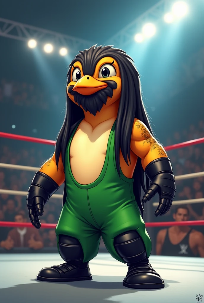 cartoon penguin dressed like WWE wrestler X-Pac. Long black dreadlock hair.  Green wrestling singlet. Short black beard, black mustache. Long green pants,  black kneepads. Black wrestling boots