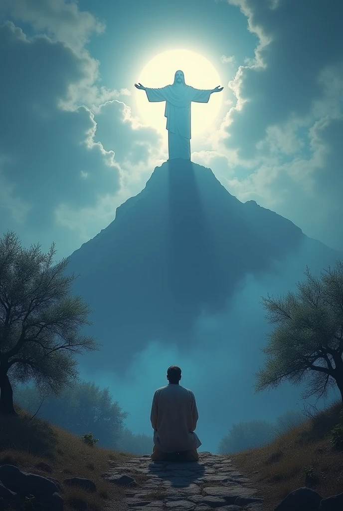 A man kneeling in prayer, Jesus, olive garden, mountain top, night landscape with moonlight and clouds, neutral colors, luminous and majestic aura of Christ, (best quality,4k,8k,highres,masterpiece:1.2),ultra-detailed,(realistic,photorealistic,photo-realistic:1.37),HDR,UHD,studio lighting,ultra-fine painting,sharp focus,physically-based rendering,extreme detail description,professional,vivid colors,bokeh,religious,spiritual,atmospheric,cinematic,dramatic lighting