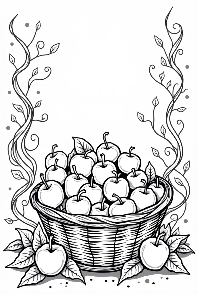 non-coloured, coloring pages for adults, an image of a rustic basket overflowing with apples, surrounded by tangled leaves and curly vines, cartoon style, thick lines, low detail, black and white, no shading,
