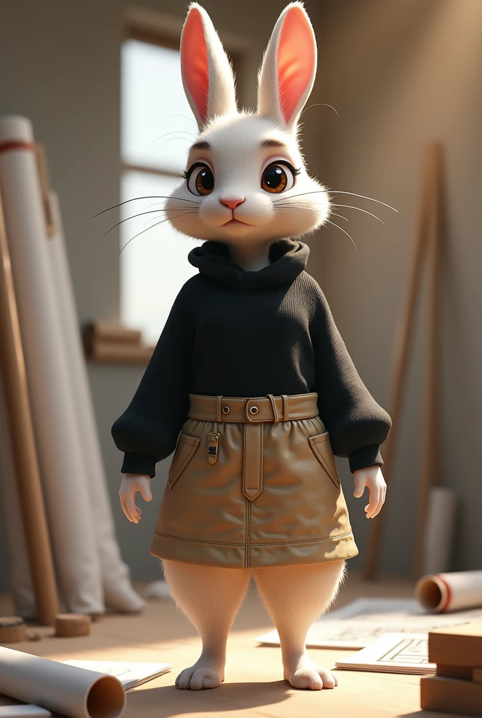 An architect rabbit, worker, feminine, creative, fitness and is dressed in a black sweater and a short beige skirt