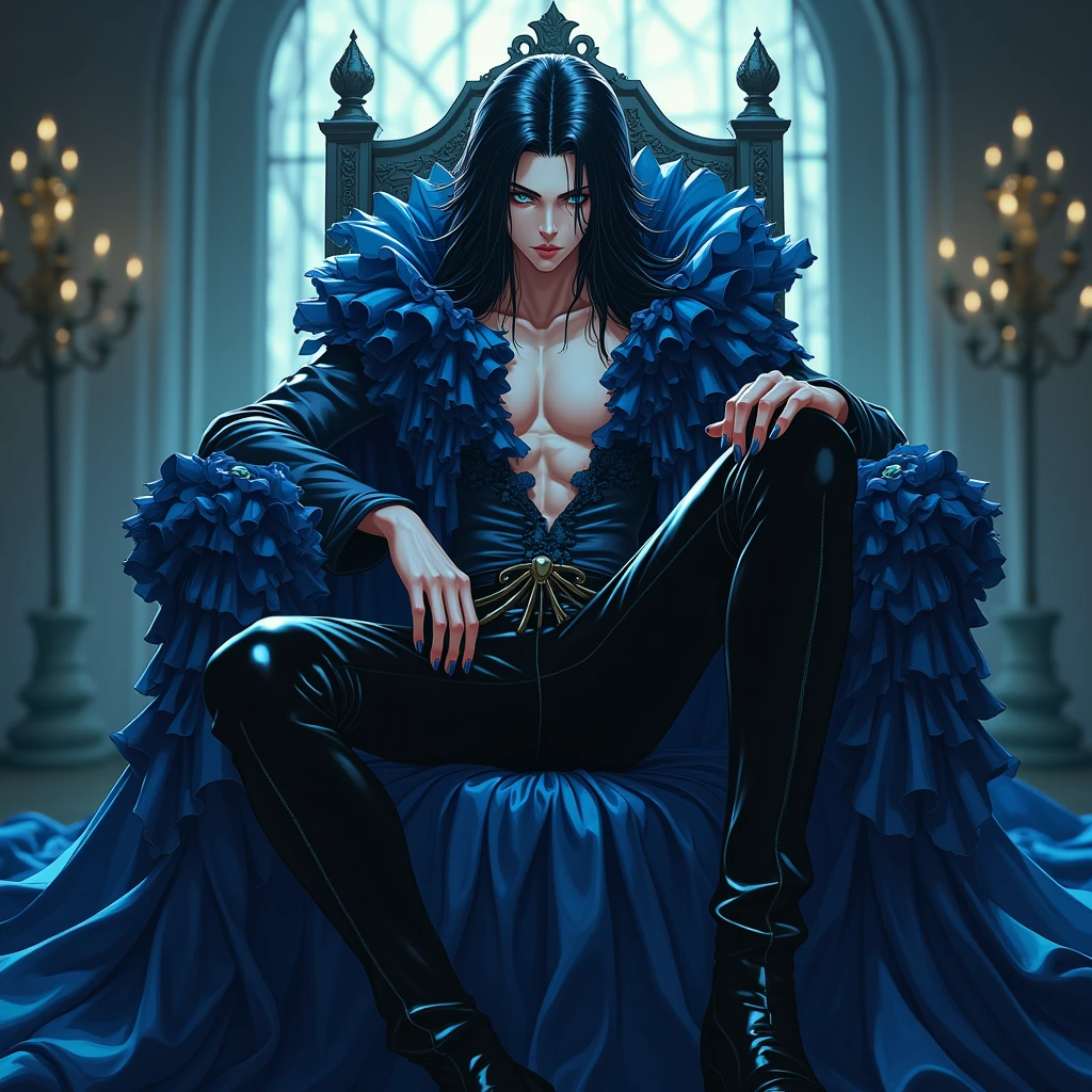 Long black hair. Teal blue eyes, Male, Blue and black frilly gothic clothes. Crown. Surrealism, Sexy, Masterpiece, Shiny, Sunset. 8k, super detail, Shiny, Beautifully detailed, Pretty drawn. Sexy pose, hot. Anime. Seductive pose. Vampire. Sitting on his throne and crossing his legs in a sultry way. Looking down and smirking with a malicious expression. Long Shiny Boots. black shiny leather jeans. attractive and delicate facial features. saying "kneel down". Anime style. People are kneeling and bowing down in front of him in horror and begging for mercy. Some of them serve him.