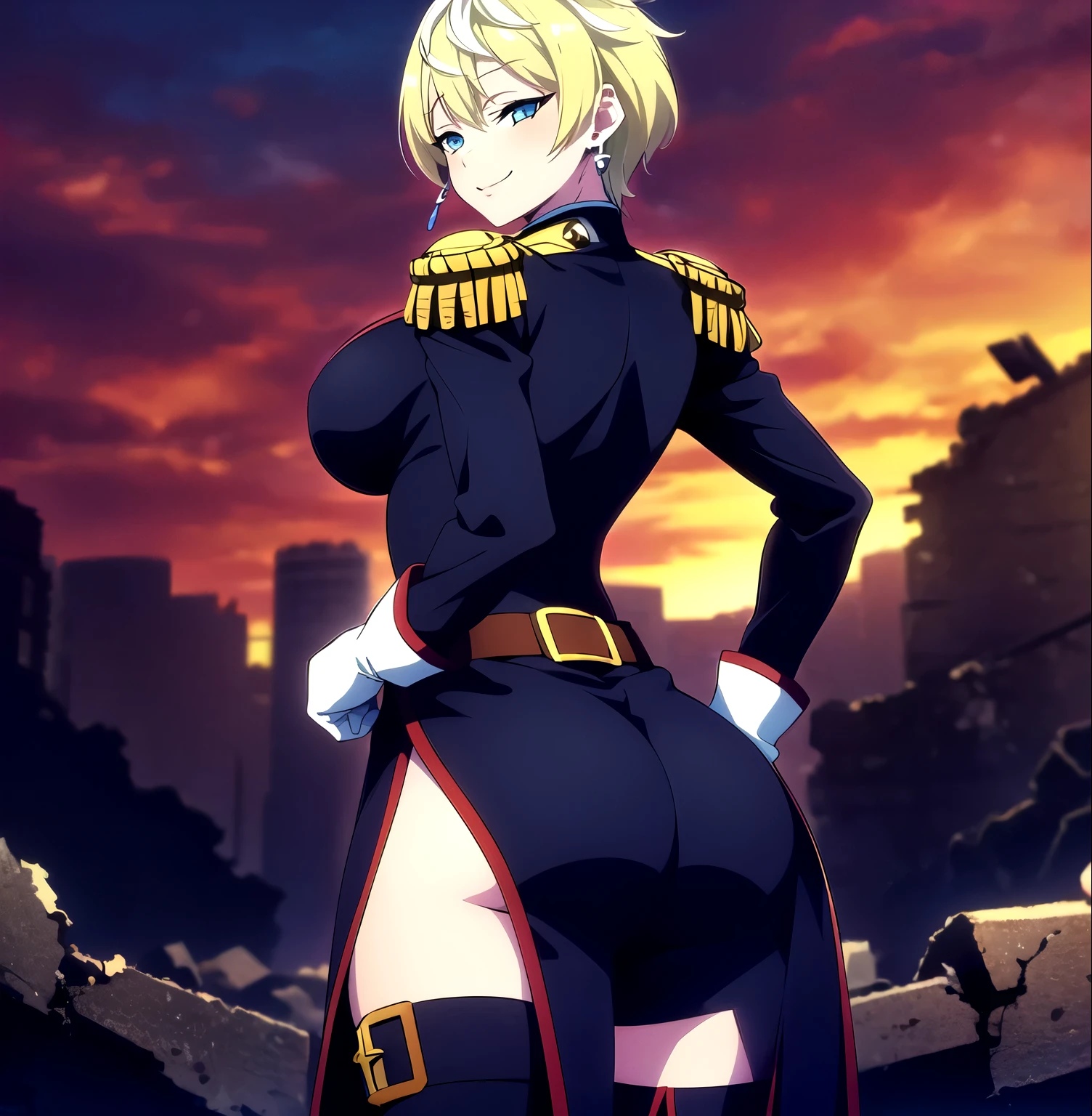 ((1girl)),((alone)),Tenka Izumo, (mato seihei no slave),(masterpiece), (best quality), (ultra detailed), (best illustration), (best shadow), (absurdities) , sharp focus, cowboy shot, atmospheric perspective, depth of field, dynamic posture looking at viewer, big breasts, narrow waist, wide hips, wide thighs, round butt, erotic, romantic, (very detailed eyes, lips 1.1), eyes very detailed, eyes, Very detailed face, Very beautiful face, Symmetrical face, Aesthetic face, perfect face, perfect eyes, detailed eyelashes: 1.5), full height, beautiful slim figure, femininity, expressive appearance, elastic big breasts, sexuality, lips half open, izumo, short hair, blue eyes, blonde hair, smile, thighs, gloves, jewelry, earrings, boots, shorts, belts, gold buttons, uniforms, military, black military uniforms with red details, thigh high boots, boots black, belt, white gloves, gold epaulets, , hand on hip, curves, defined body, Perfect and beautiful body, perfect and beautiful, closed mouth, flirtatious expression, smile, blushing, (sexy pose: 1.2), ((solo)), standing: 1.3, ((outdoor ,war field, sunset,clouds,building ruins,debris,)),looking back,from behind,((focus on ass:1.4)), point of view:(from below),perfect anatomy,perfect hands