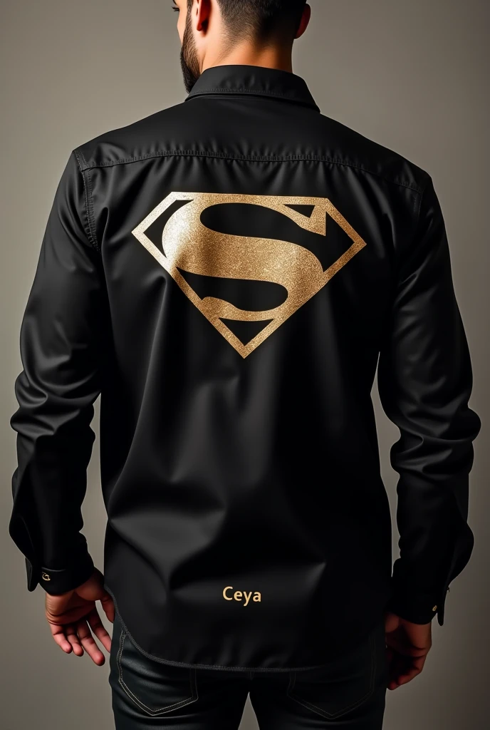 A black colored men's shirt for friends with the justice league symbol on the back and the name Ceya on the bottom.
