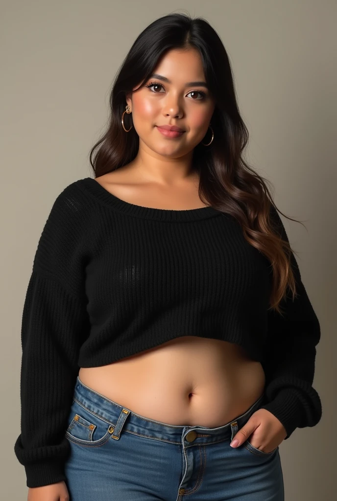a girl that is 4'9 feet. She has dark brown hair but peach lines also. She is wearing jeans. She chunky, big, and fat. she is wearing a black knitted long sleeve shirt but the shirt is showing a little bit of only her belly button. Her hair is going straight down and not curly. It is a real life person and she is light brown skinned. and she is Mexican. And has makeup on. She has big eyes and a big head. And doesn't have big eyebrows. Not cartoon style. She has a big forehead